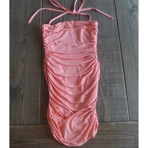 Vintage Y2K Mini Dress‎ Medium Coral Pink Ruched Asymmetric Bodycon Halter HOCO